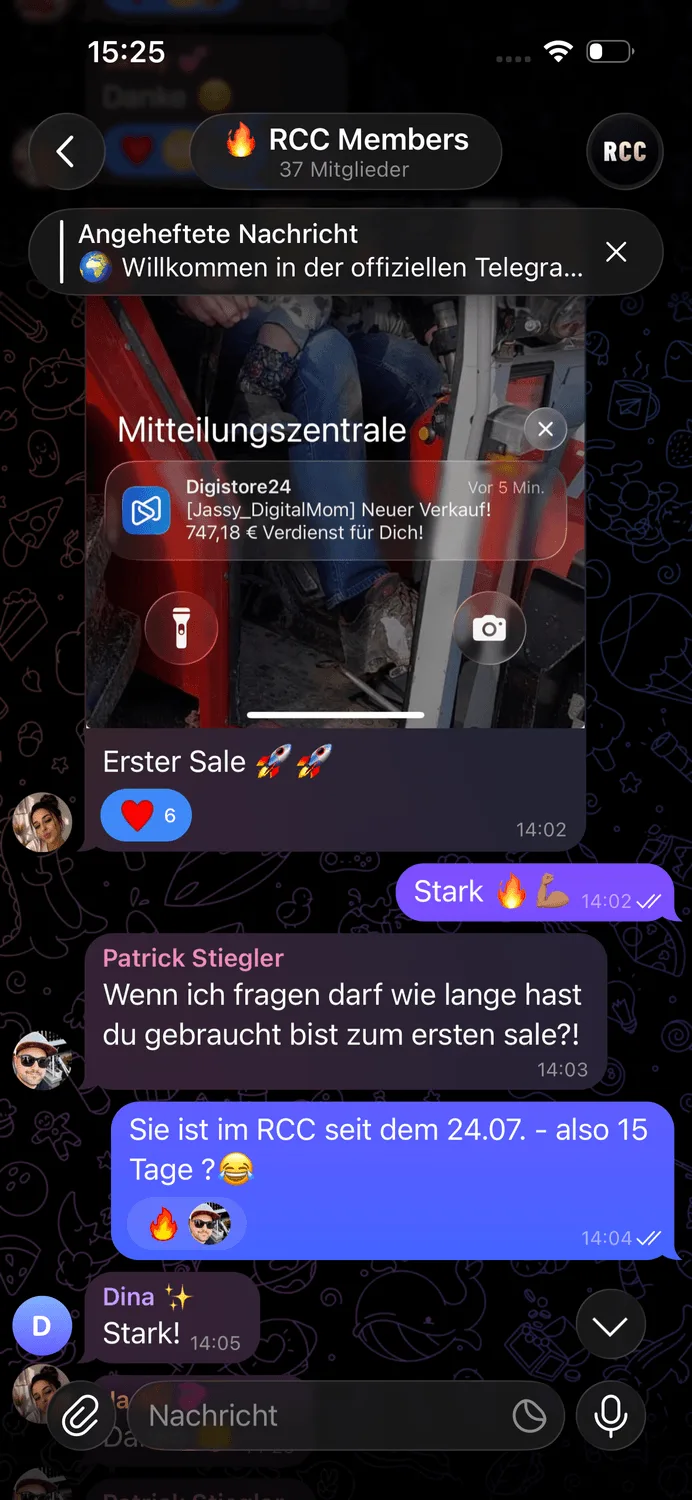 Telegram-Screenshot RCC Members mit Mitteilungszentrale, erstem Sale und Community-Austausch über Erfolg