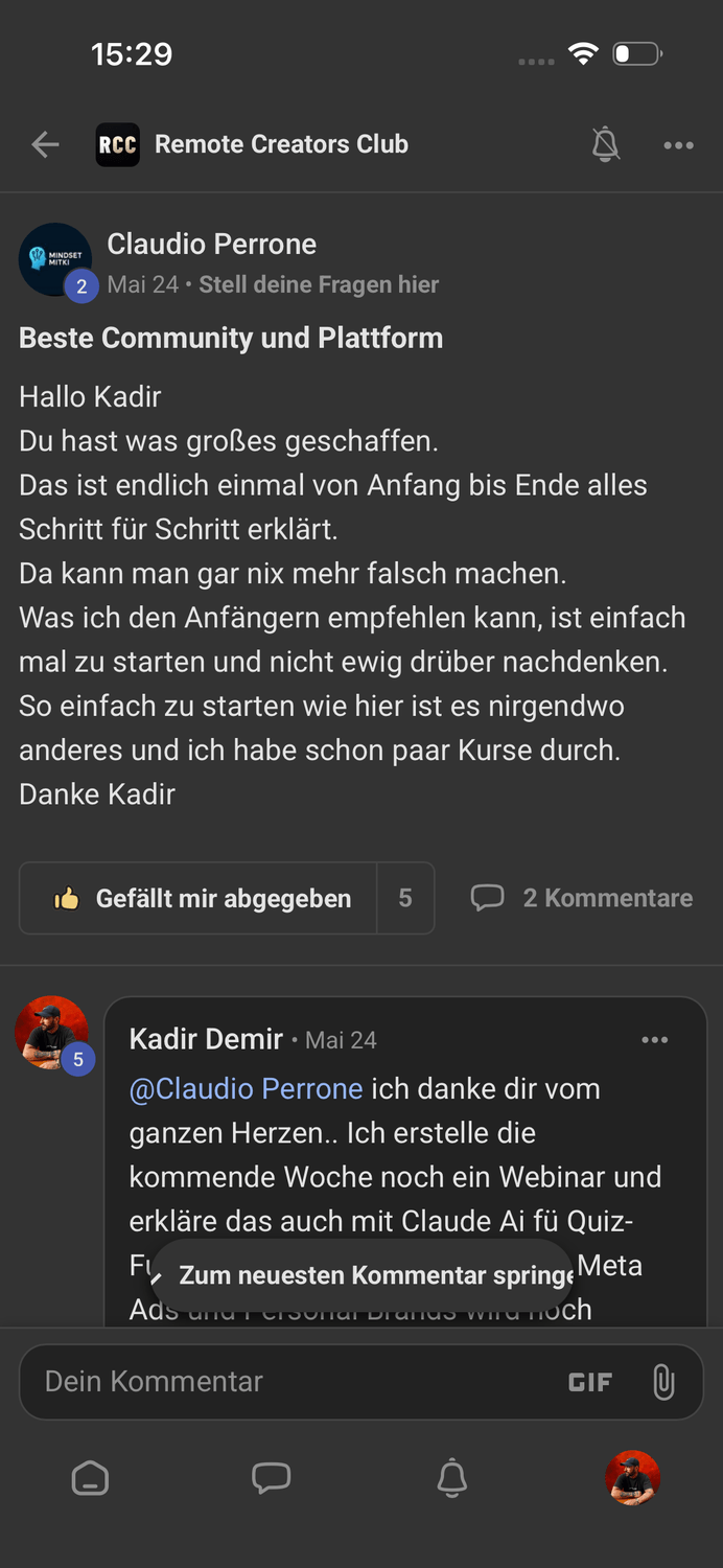 Telegram-Screenshot mit positiver Testimonial von Claudio Perrone über Remote Creators Club und Antwort von Kadir Demir