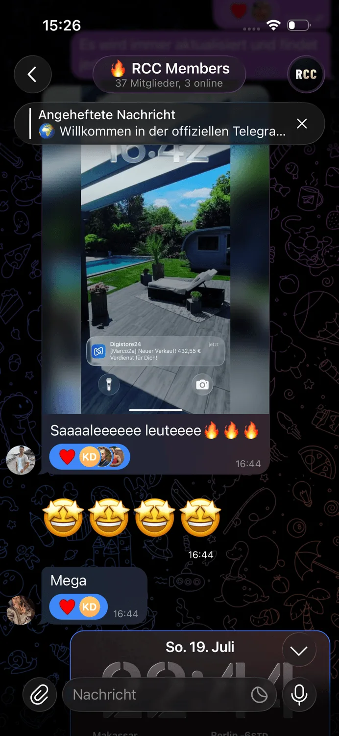 Telegram-Screenshot RCC Members Gruppe mit Community-Nachricht zu Immobilien-Verkauf und begeisterten Reaktionen