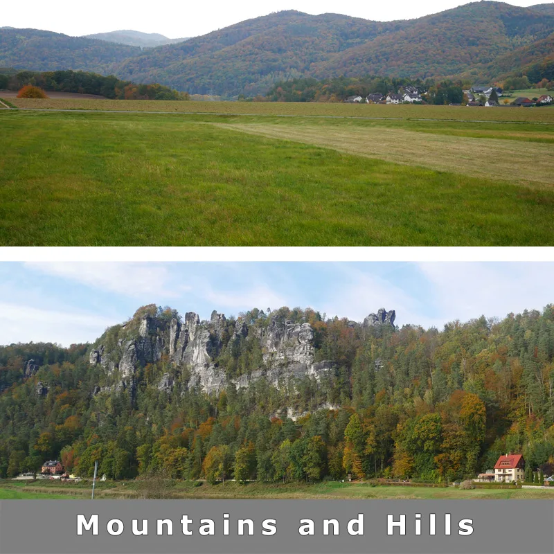 Zwei Landschaftsfotos mit Bergen, Hügeln, Feldern und Häusern im Herbst und Frühling
