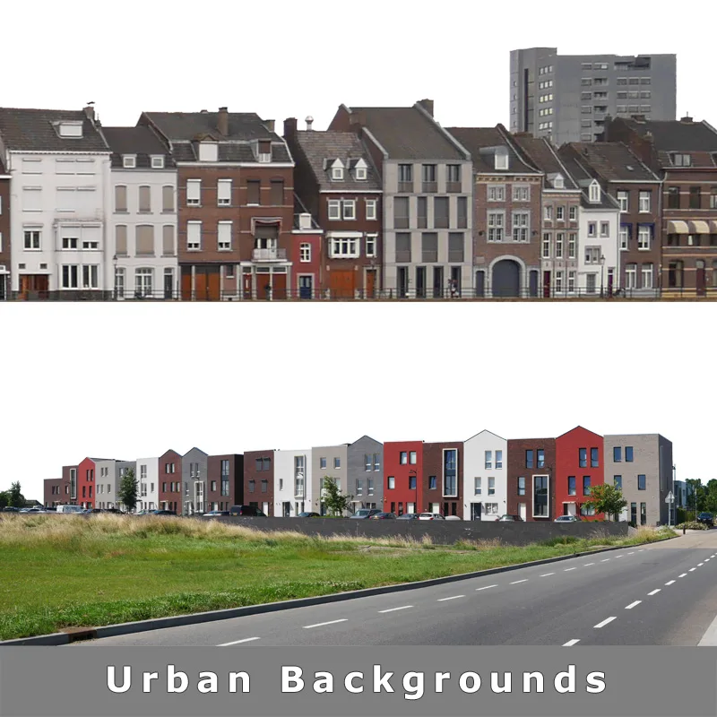 Zwei urbane Hintergrund-Ausschnitte: historische Häuserfassade und moderne Wohnbebauung mit Straße