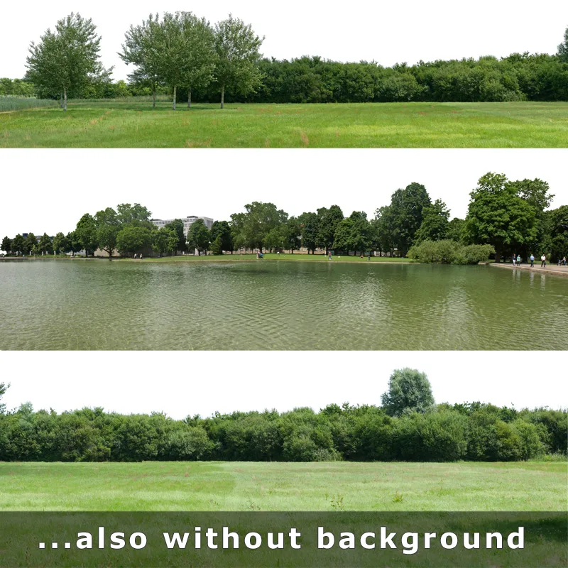 Hintergrundbilder mit Wiesen-, Wasser- und Baumlandschaften sowie Text: also without background