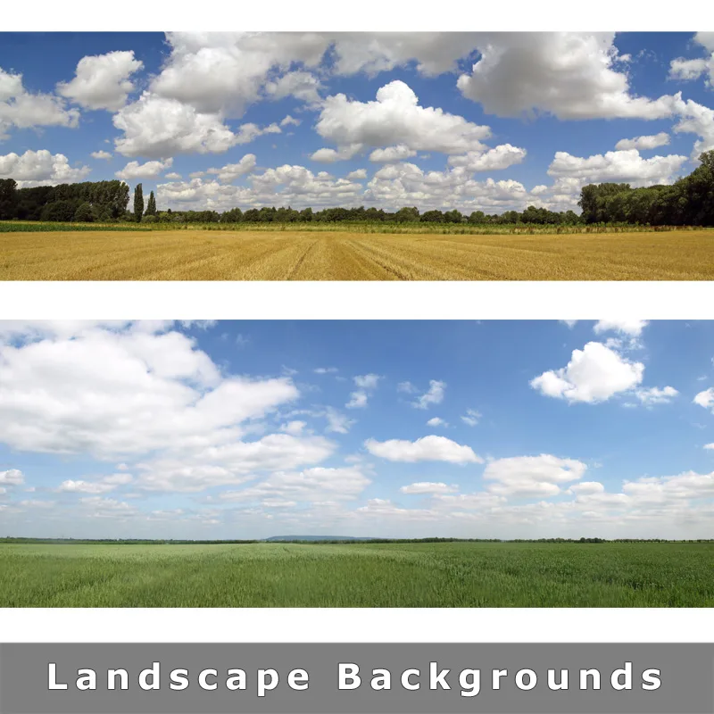 Zwei Landschaftshintergründe mit bewölktem Himmel, grünen Feldern und Baumlinien am Horizont