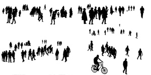 Silhouetten von 150 freistgestellten Menschengruppen und Menschenmengen