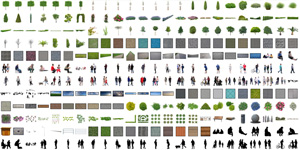 Übersicht von 150 Architektur-Visualisierungs-Elementen mit Gebäuden, Möbeln und Personen