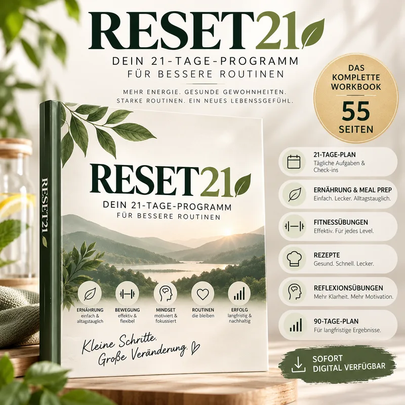 RESET21 Workbook-Cover und Produktabbildung mit Angeboten und Features