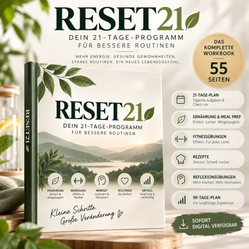 RESET21 Produktabbildung mit Workbook, Features und digitalem Zugang