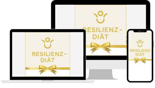 Resilienz-Diät Logo und Text auf Laptop-, Tablet- und Smartphone-Displays mit goldenem Schleifenbogen