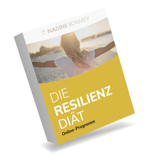3D-Buchcover Resilienz-Diät von Nadine Bokarev mit Frau am Strand, goldenem Balken und Text 'Online-Programm'