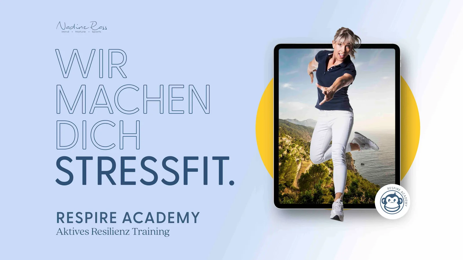 Hero-Banner der RESPIRE Academy mit Nadine Rass, Trainerin für Stressabbau und Resilienz, joggend in Berglandschaft
