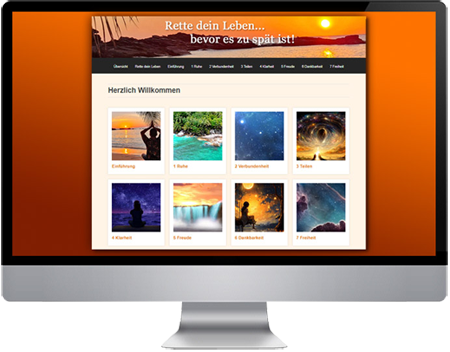 Die 7 Schritte zum wahren Sinn deines Lebens – Berufungs-Videokurs 1 Website-Mockup von Rette dein Leben Kurs mit Hero-Bild bei Sonnenuntergang und Galerie von Natur- und Lebensfotos