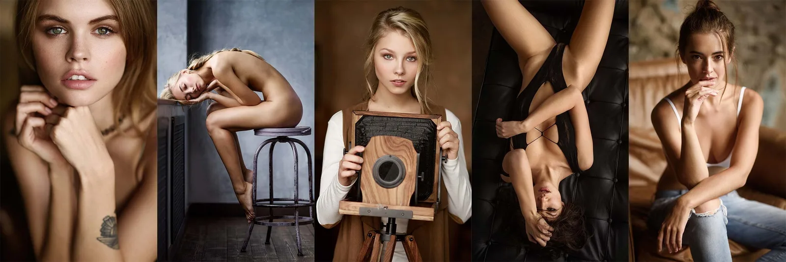 Collage mit fünf Porträt- und Aktfotografien von Frauen in verschiedenen Posen und Beleuchtungen
