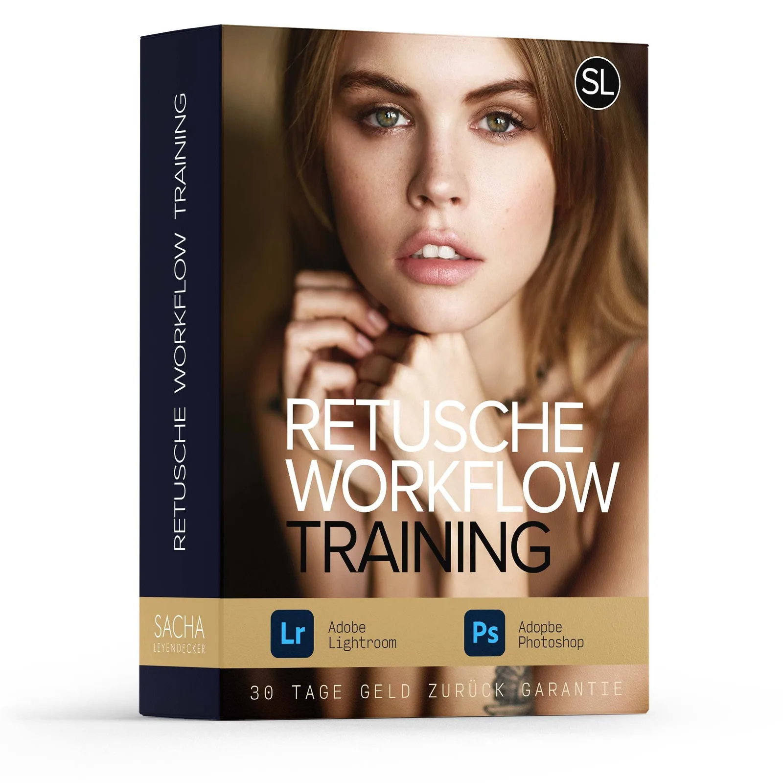 Produktverpackung des Retusche Workflow Training Kurses mit Porträt einer Frau auf Vorderseite