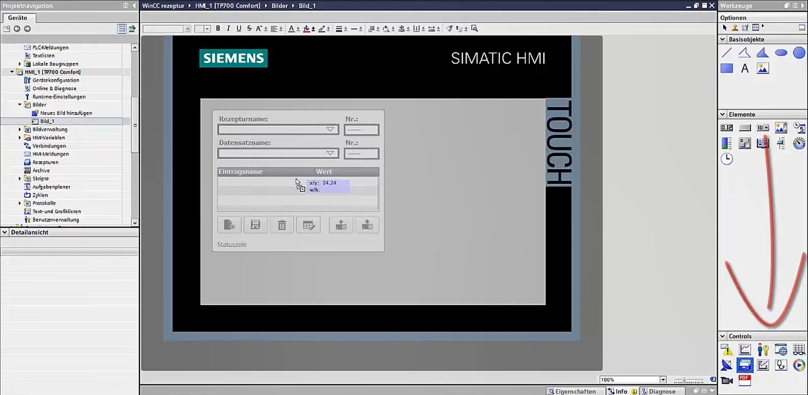 Screenshot der Rezepturverwaltung in SIMATIC HMI mit Eingabefeldern für Rezepturname, Datensatzname und Eintragsname