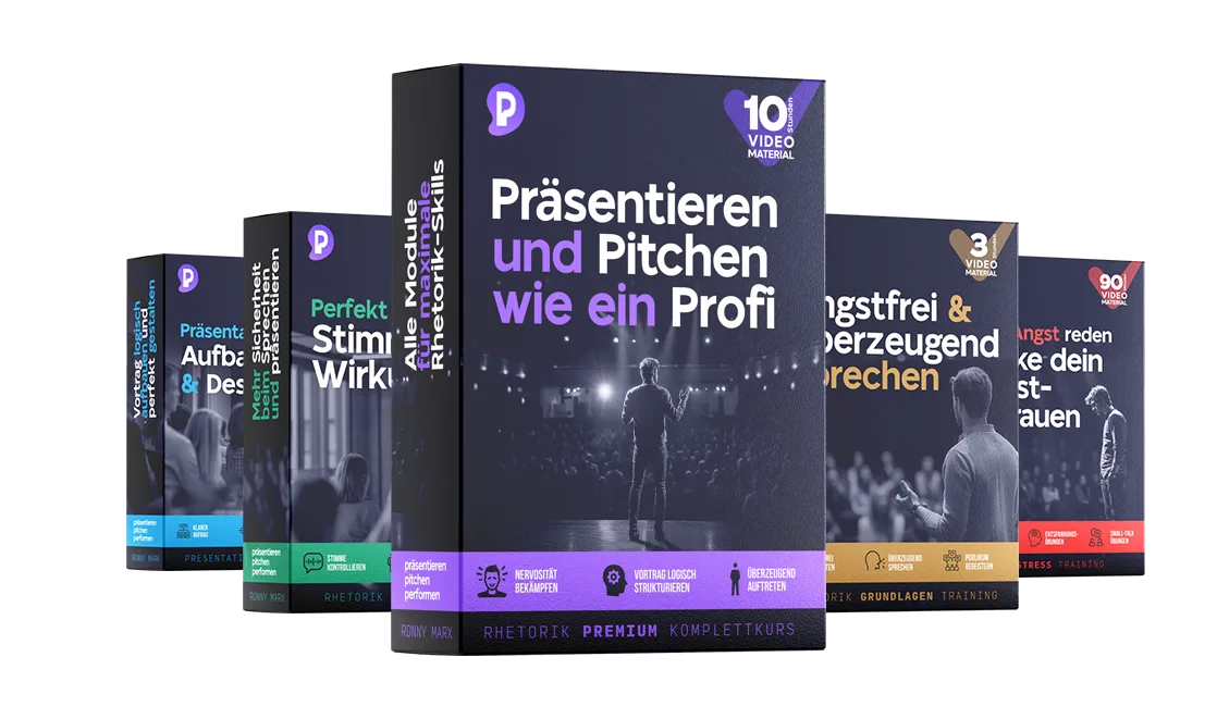 Produktabbildungen mehrerer Rhetorikkurse und Videokurse von Ronny Marx nebeneinander