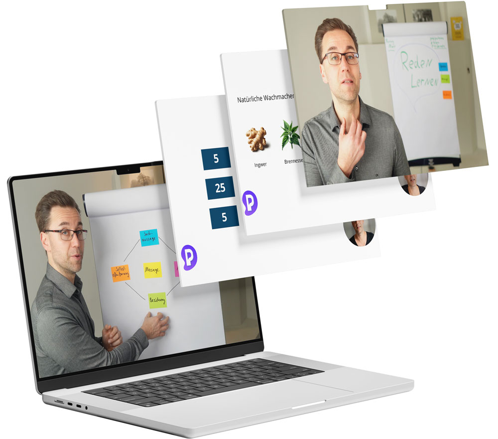 Mockup Rhetorik Videokurs Ronny Marx auf Laptop und Tablets mit verschiedenen Lektionen