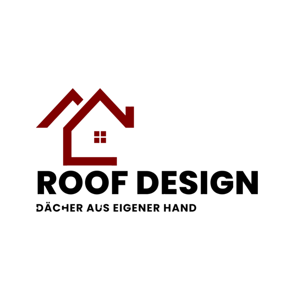 Roof Design Logo mit Haussilhouette in Dunkelrot und schwarzer Schrift auf weißem Hintergrund