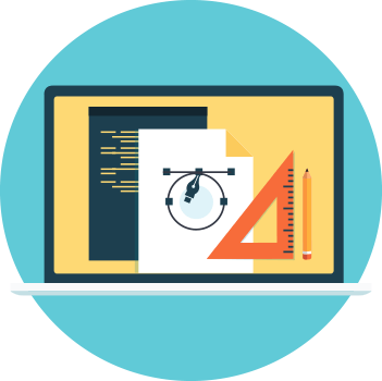 Illustrierte Grafik mit Laptop und Zeichnungen von technischen Plänen, Lineal und Stift auf türkisem Hintergrund