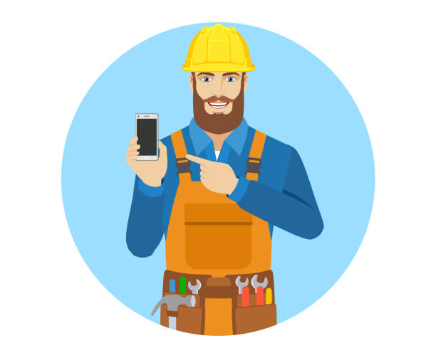 Cartoon-Illustration eines lächelnden Bauarbeiters mit gelbem Helm, blauer Weste, Werkzeuggürtel und Smartphone
