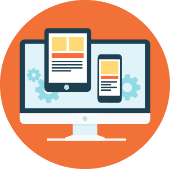 Illustrierte Grafik mit Desktop, Tablet, Smartphone und Zahnrädern auf orangem Hintergrund