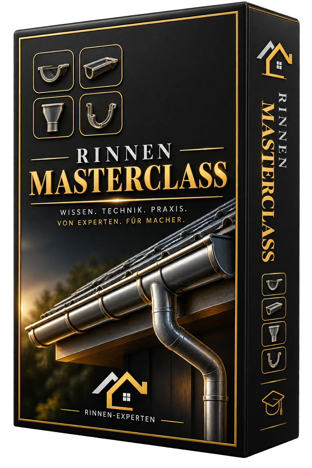 Rinnen Masterclass Produktbox mit schwarzem Design, goldenen Akzenten und Dachrinnen-Details