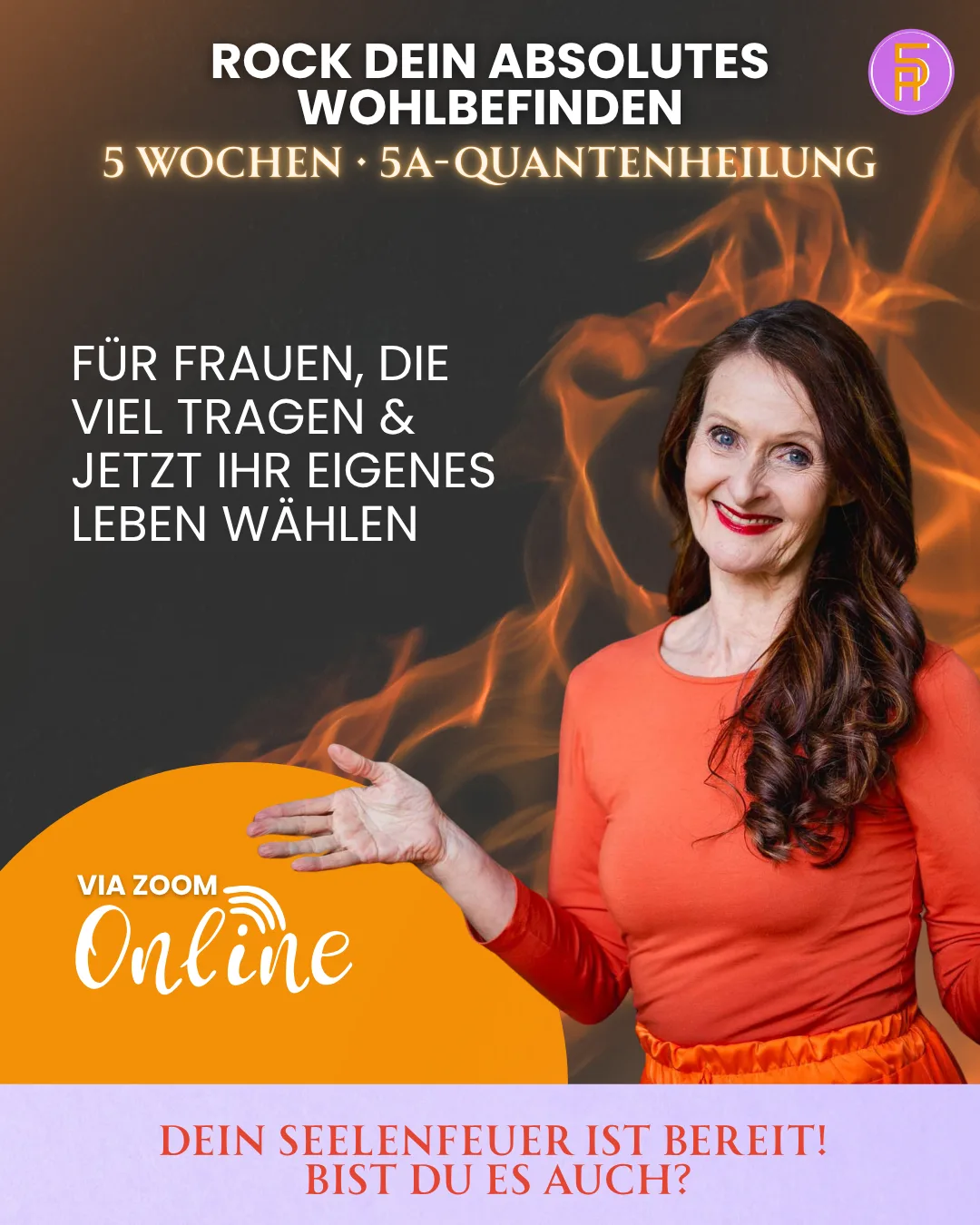 Kurs-Anmeldebanner Rock dein absolutes Wohlbefinden mit Frau und Zoom-Online-Hinweis