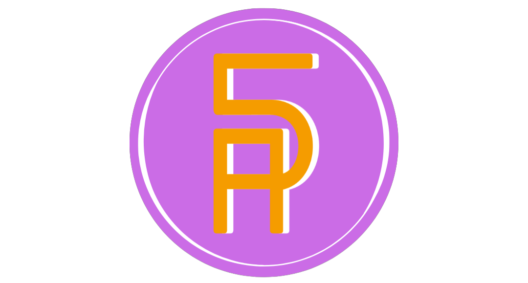 Rund-Logo mit Nummer 5 und RP-Buchstaben auf lila-orangem Hintergrund