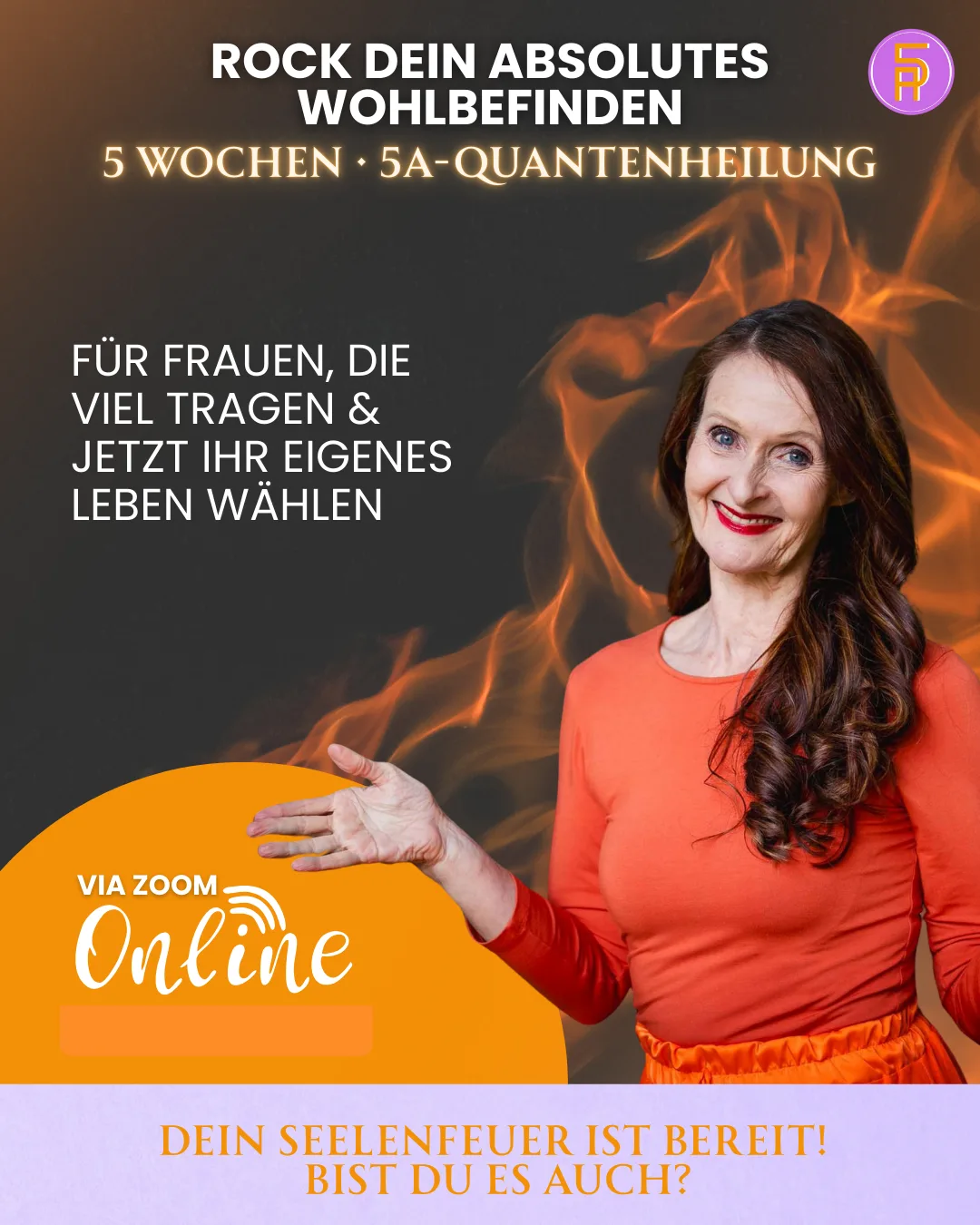 Werbebanner für Rock dein absolutes Wohlbefinden mit Frau in orangem Shirt vor Flammen-Hintergrund