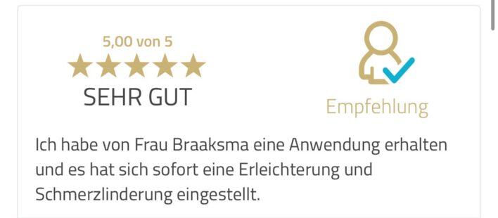 Fünf-Sterne-Kundenbewertung zur schnellen Erleichterung und Schmerzlinderung durch Anwendung von Frau Braaksma