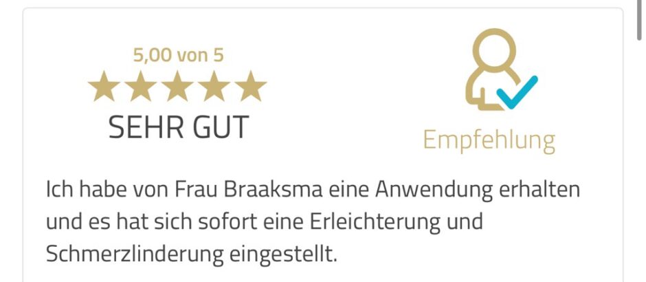 Ausführliche Fünf-Sterne-Bewertung zur sofortigen Erleichterung nach Anwendung von Frau Braaksma