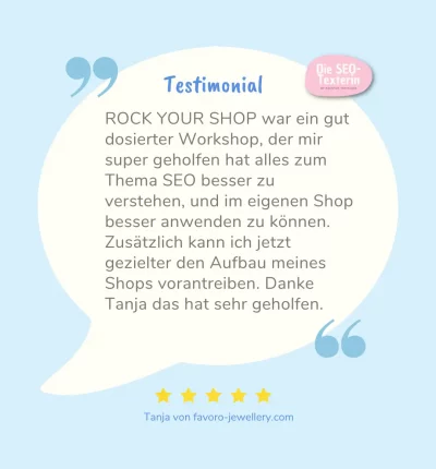 Testimonial-Grafik mit Kundenbewertung über Rock Your Shop auf blauem Hintergrund