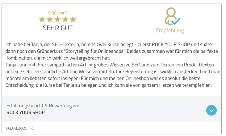 Kundenstimme von Katrin über Rock Your Shop Kurs mit 5-Sterne-Bewertung und Empfehlungssiegel