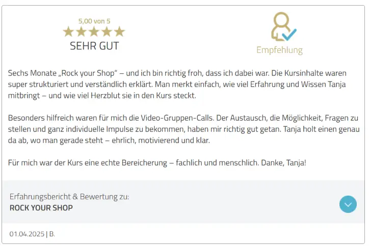 Kundenstimme von Bea über Rock Your Shop Kurs mit 5-Sterne-Bewertung und Empfehlungssiegel