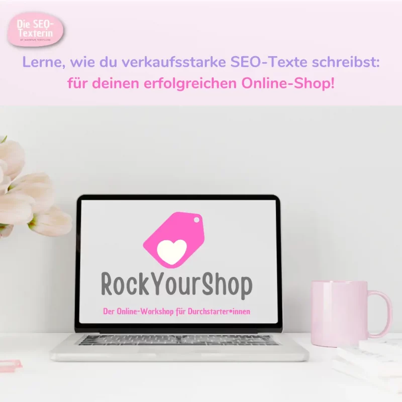 Laptop-Mockup mit ROCK YOUR SHOP Logo, pinker Tasche mit Herz, umgeben von Blumen und Kaffeetasse
