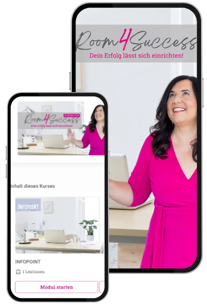 Mobile Mockup Room4Success auf zwei Smartphones, zeigt Course-Inhalte und Porträt