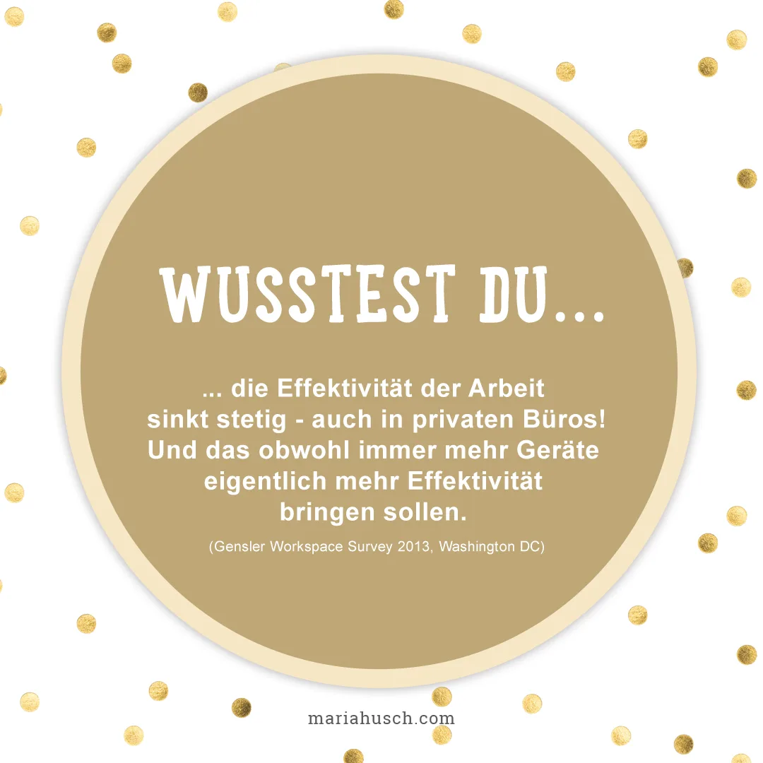 Goldener Kreis mit Text Wusstest du über sinkende Arbeitseffektivität, Gensler Workspace Survey