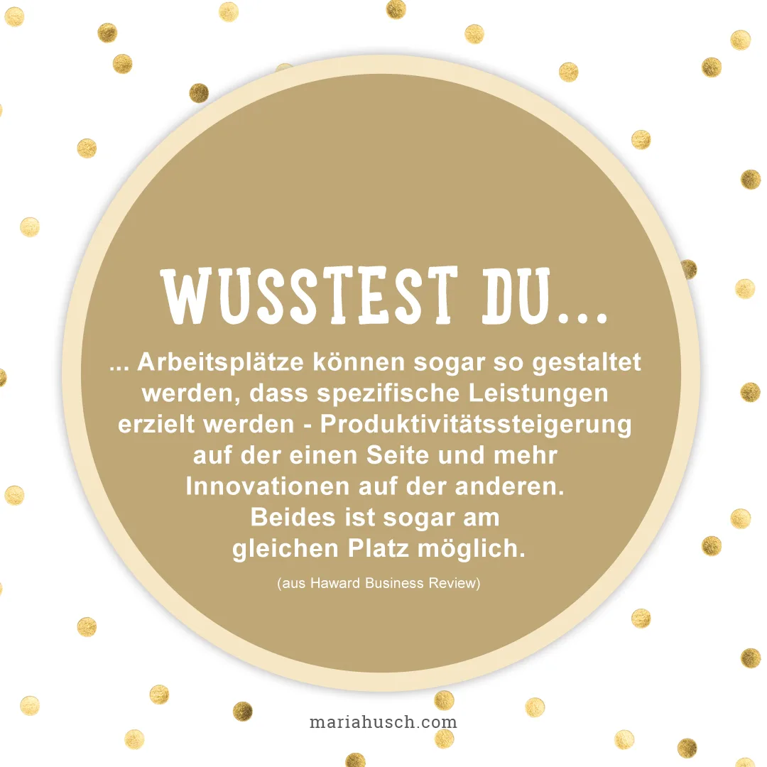 Beiger Kreis mit Text Wusstest du über Arbeitsplatzgestaltung und Innovation, Harvard Business Review