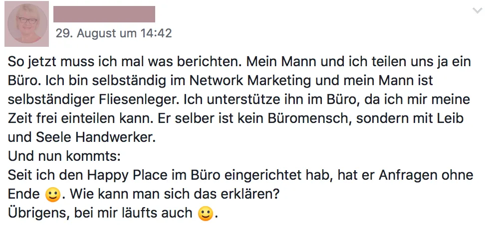 Kundenbericht über Büro-Einrichtung und Anfragen nach Happy Place