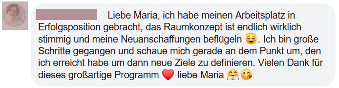 Kundenstimme Maria Text: Arbeitsplatz in Erfolgsposition, Raumkonzept stimmig, Neuanschaffungen bewältigt, Dankbarkeit
