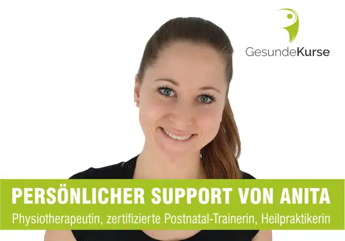 Anita Hoffmann, Physiotherapeutin und zertifizierte Postnatal-Trainerin, Portrait mit GesundeKurse Logo