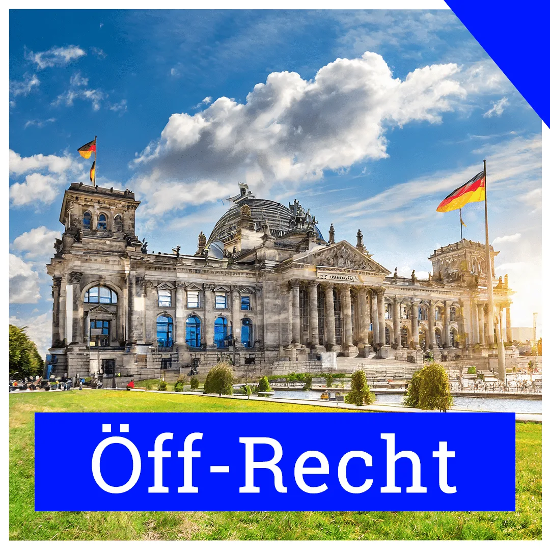 Öffentliches Recht Button mit Reichstag und blauen Balken