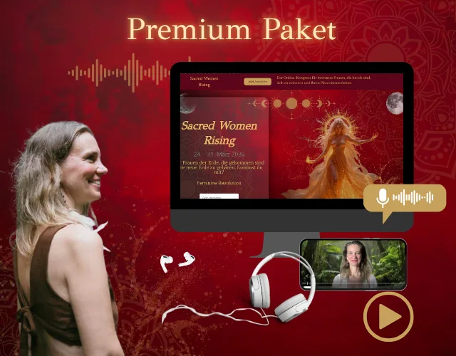 Sacred Woman Rising – Kurspaket heilige Weiblichkeit 4 Sacred Women Rising Premium Paket mit Frau, Laptop, Kopfhörern und Play-Button