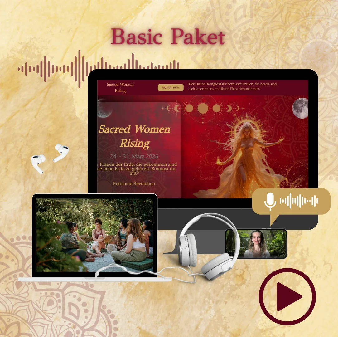 Sacred Woman Rising – Kurspaket heilige Weiblichkeit 24 Sacred Women Rising Basic Paket Mockup mit Frau, Laptop, Kopfhörern