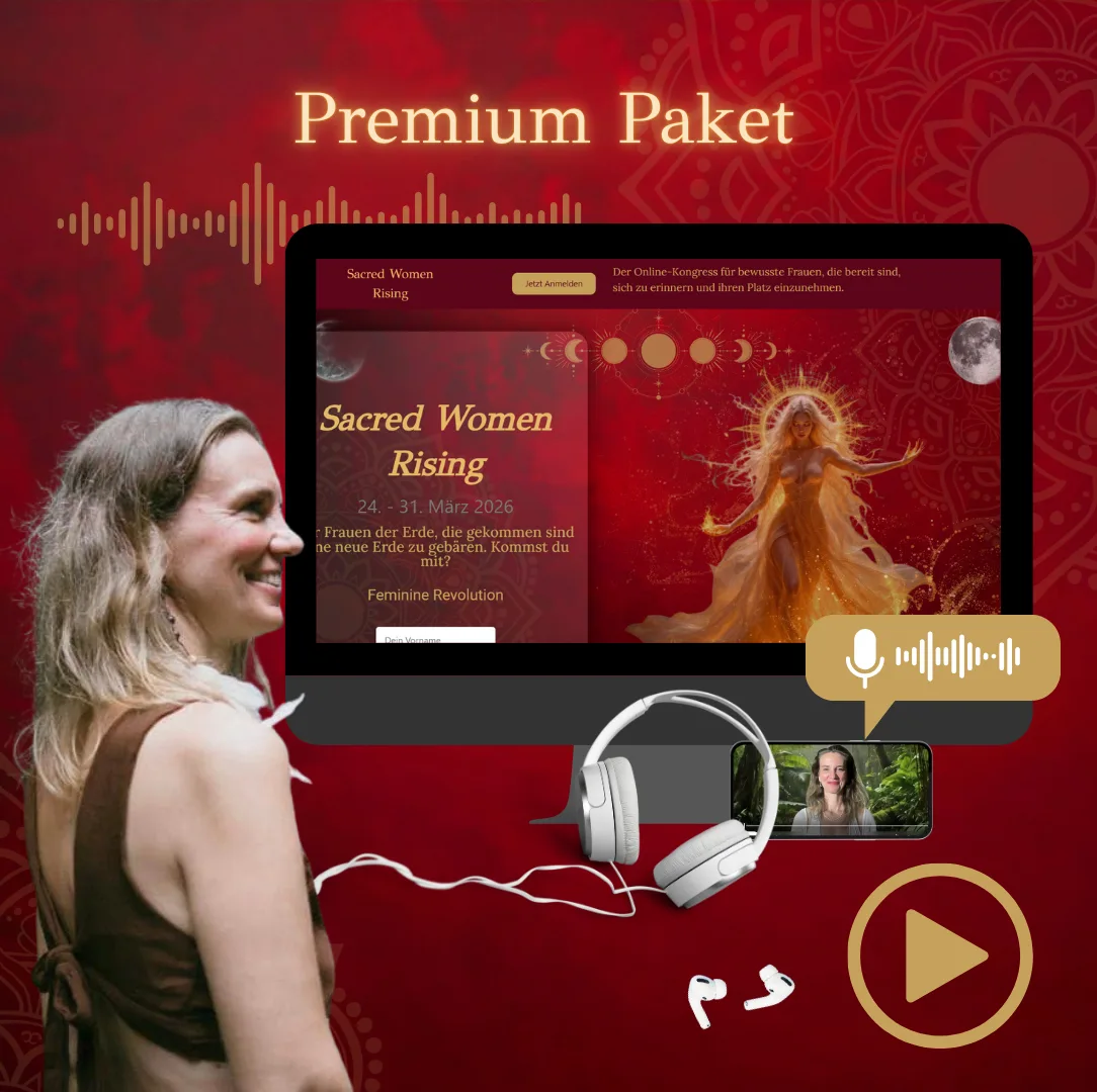 Sacred Woman Rising – Kurspaket heilige Weiblichkeit 1 Sacred Women Rising Premium Paket Mockup mit Frau, Monitor und Audioelementen