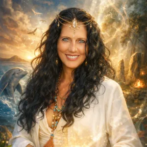 Sacred Woman Rising – Kurspaket heilige Weiblichkeit 40 Porträt von Ilona Selke mit langen dunklen Haaren, weißem Oberteil und goldenem Schmuck vor himmlischem Hintergrund