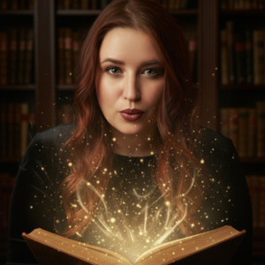 Sacred Woman Rising – Kurspaket heilige Weiblichkeit 25 Portrait von Ann-Kathrin Hieber-Ilg mit rotem Haar und Glitzereffekten