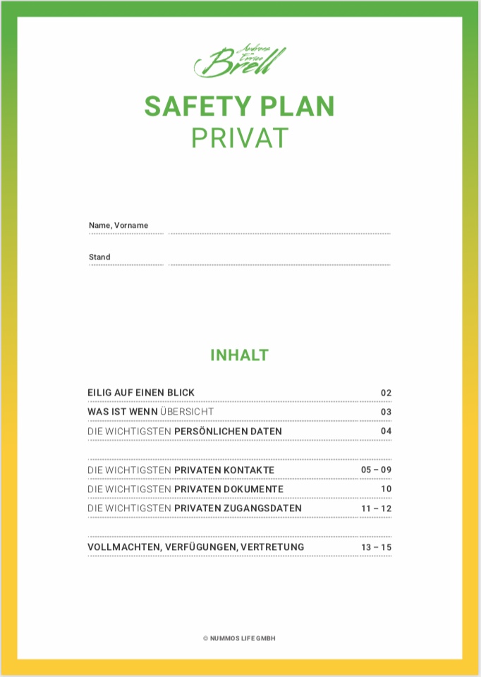 Safety Plan Privat Inhaltsverzeichnis mit Überschrift, Personendaten und Seitenzahlen