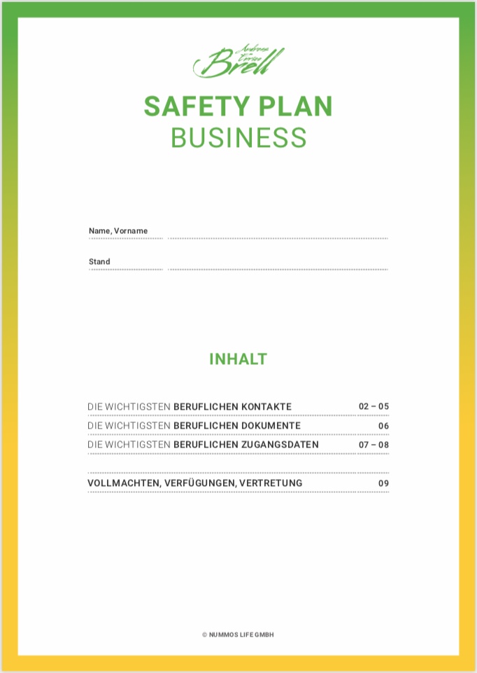 Safety Plan Business Inhaltsverzeichnis mit Überschrift, Personendaten und Seitenzahlen