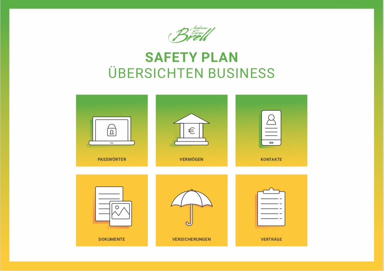 Safety Plan Übersichten Business mit 6 Symbolen in 3x2-Anordnung auf grünem bis gelbem Farbverlauf