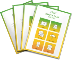 Safety Plan Privat Cover mit grünem und gelbem Farbverlauf, zeigt 6 Symbole zu Passwörter, Vermögen, Dokumente, Versicherunge